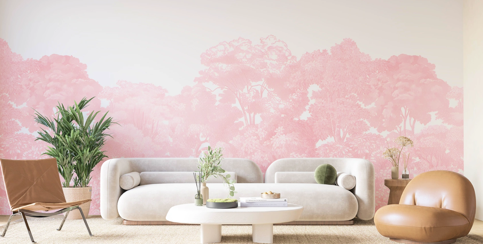 Pink trees big mural wallpaper at living room area